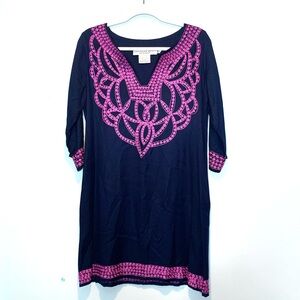 Gretchen Scott Navy Split Neck Tunic Dress Fuchsia Embroidery